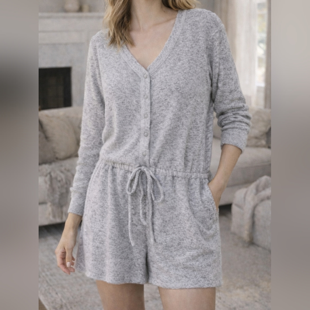 aerie Gray Button-Front Long-Sleeve Plush Romper